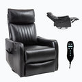 Black leather recliner chair with remote control on a white background