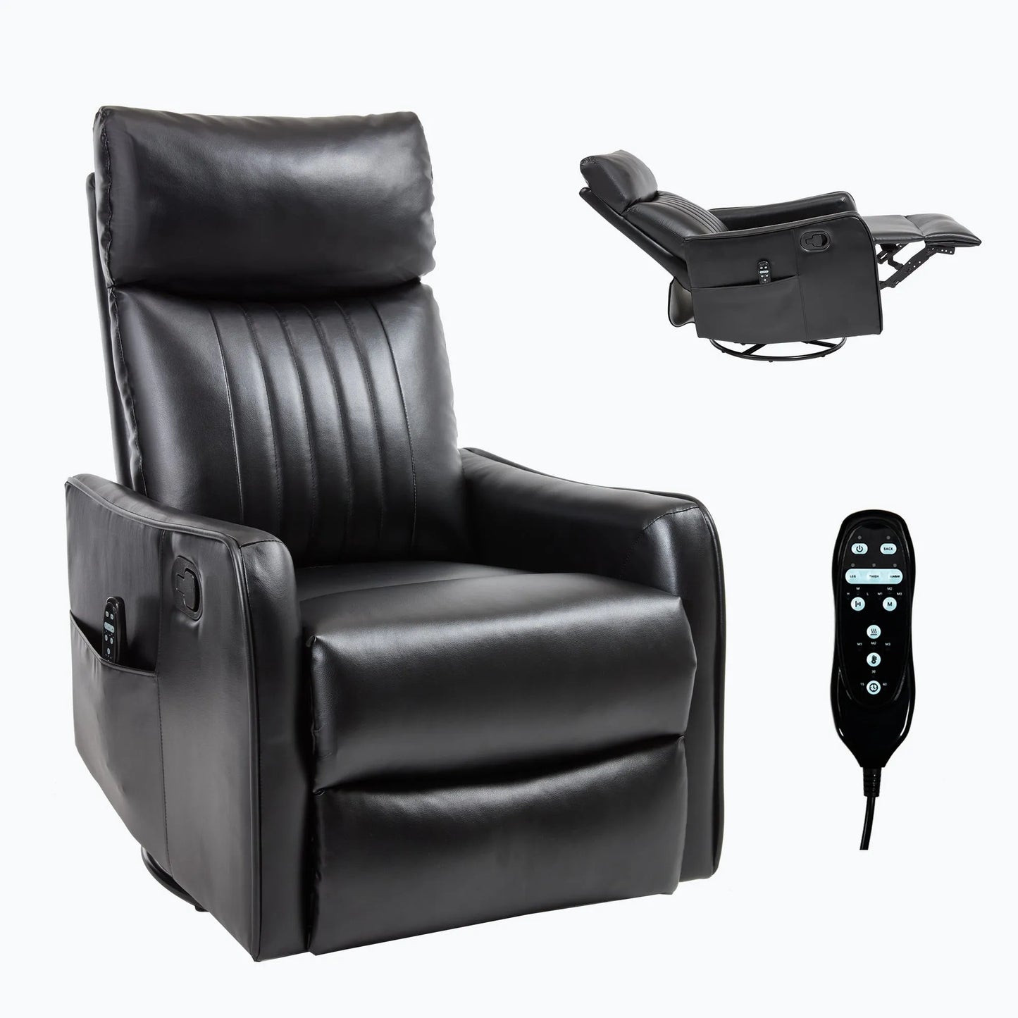 Black leather recliner chair with remote control on a white background