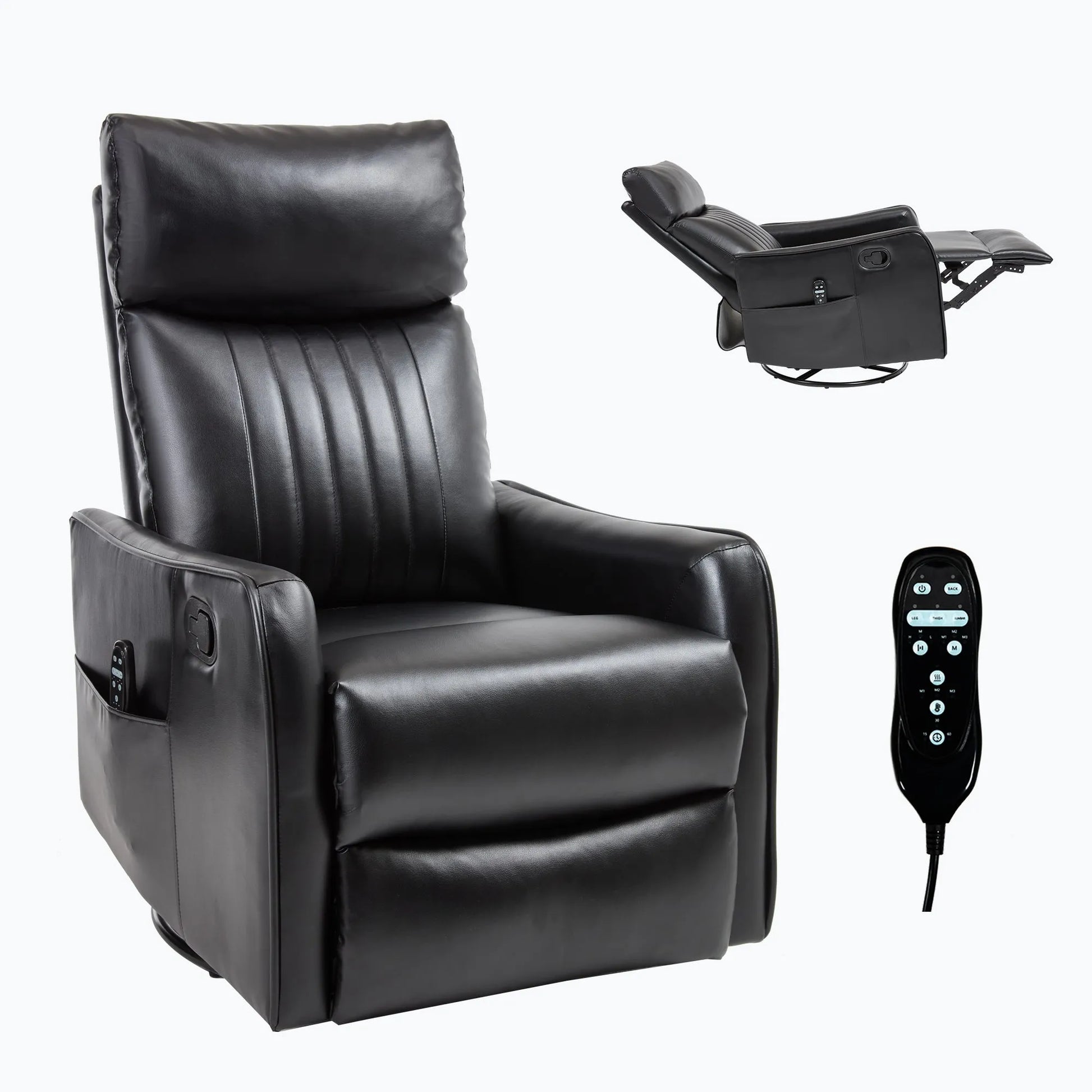 Black leather recliner chair with remote control on a white background