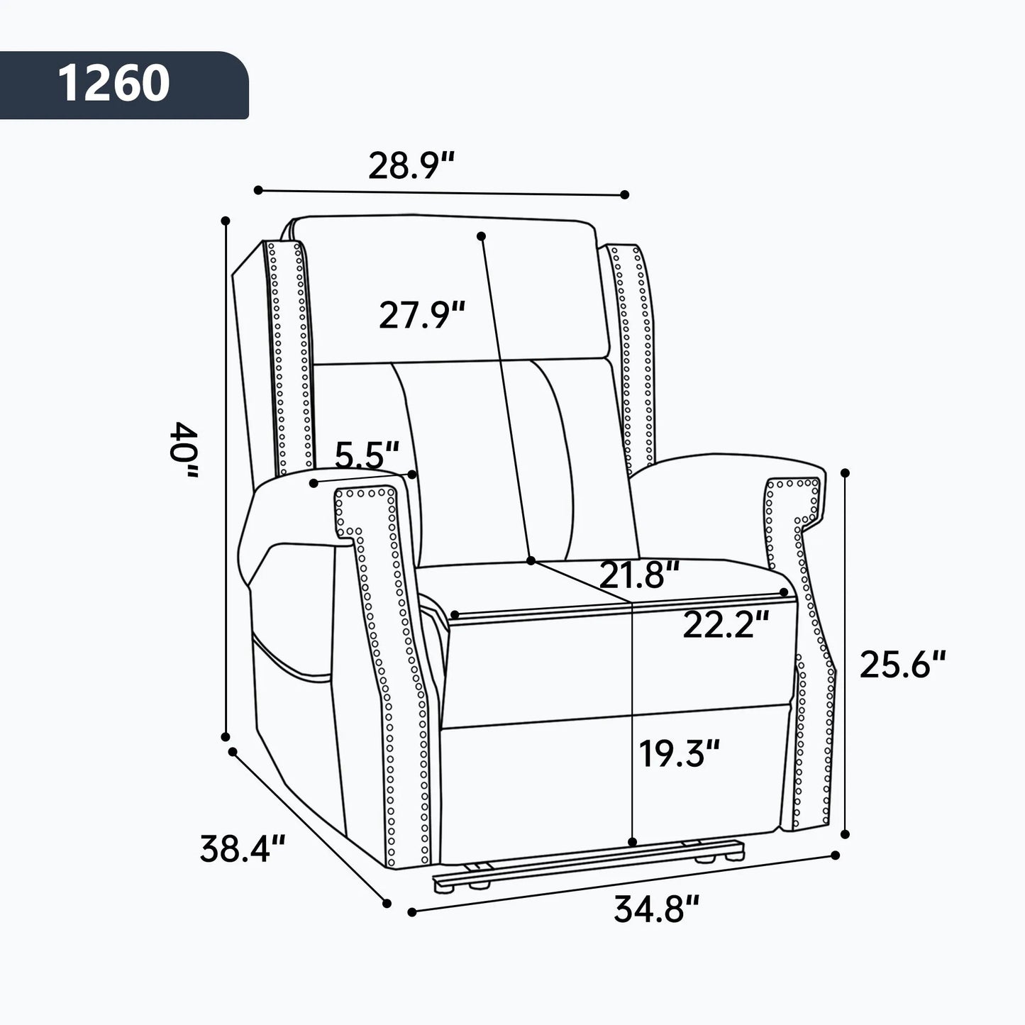 Illustration of a recliner chair with dimensions labeled