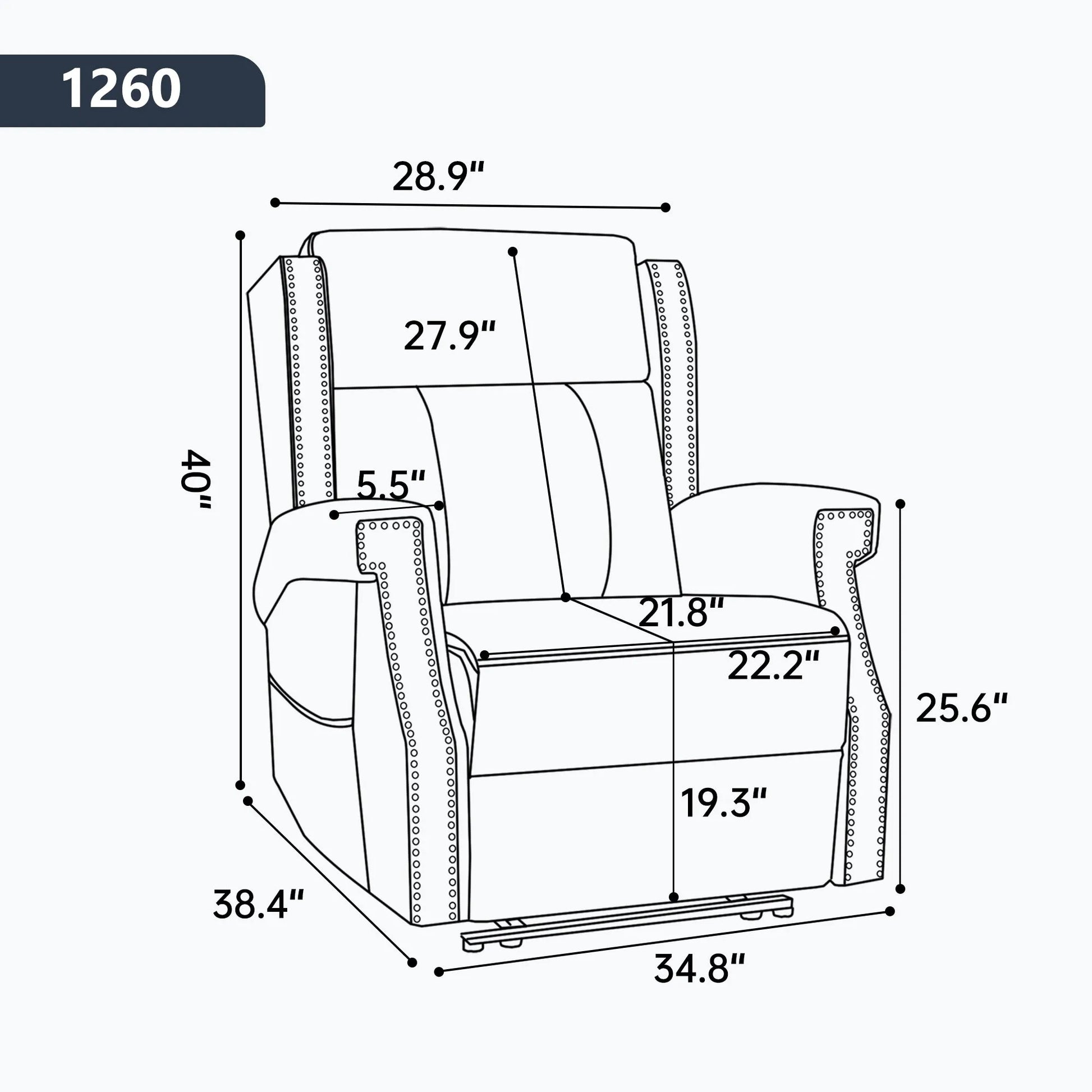 Illustration of a recliner chair with dimensions labeled