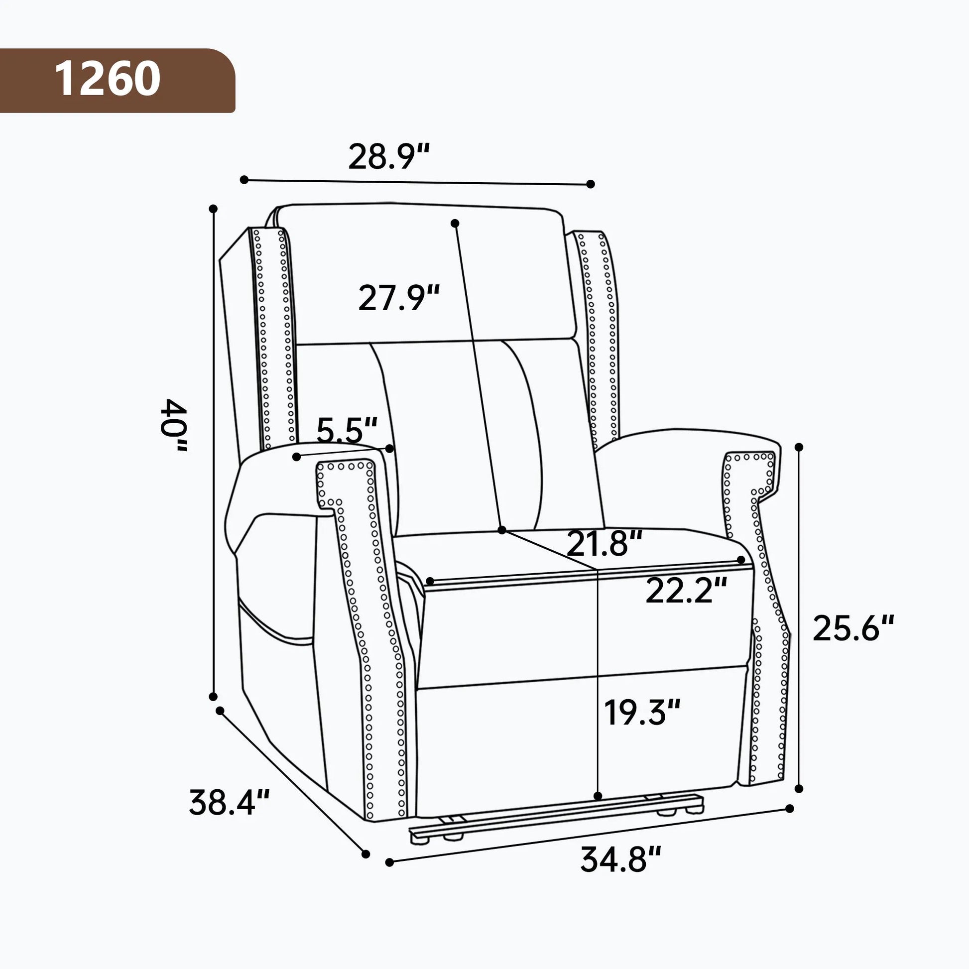 Line drawing of a recliner chair with dimensions labeled.