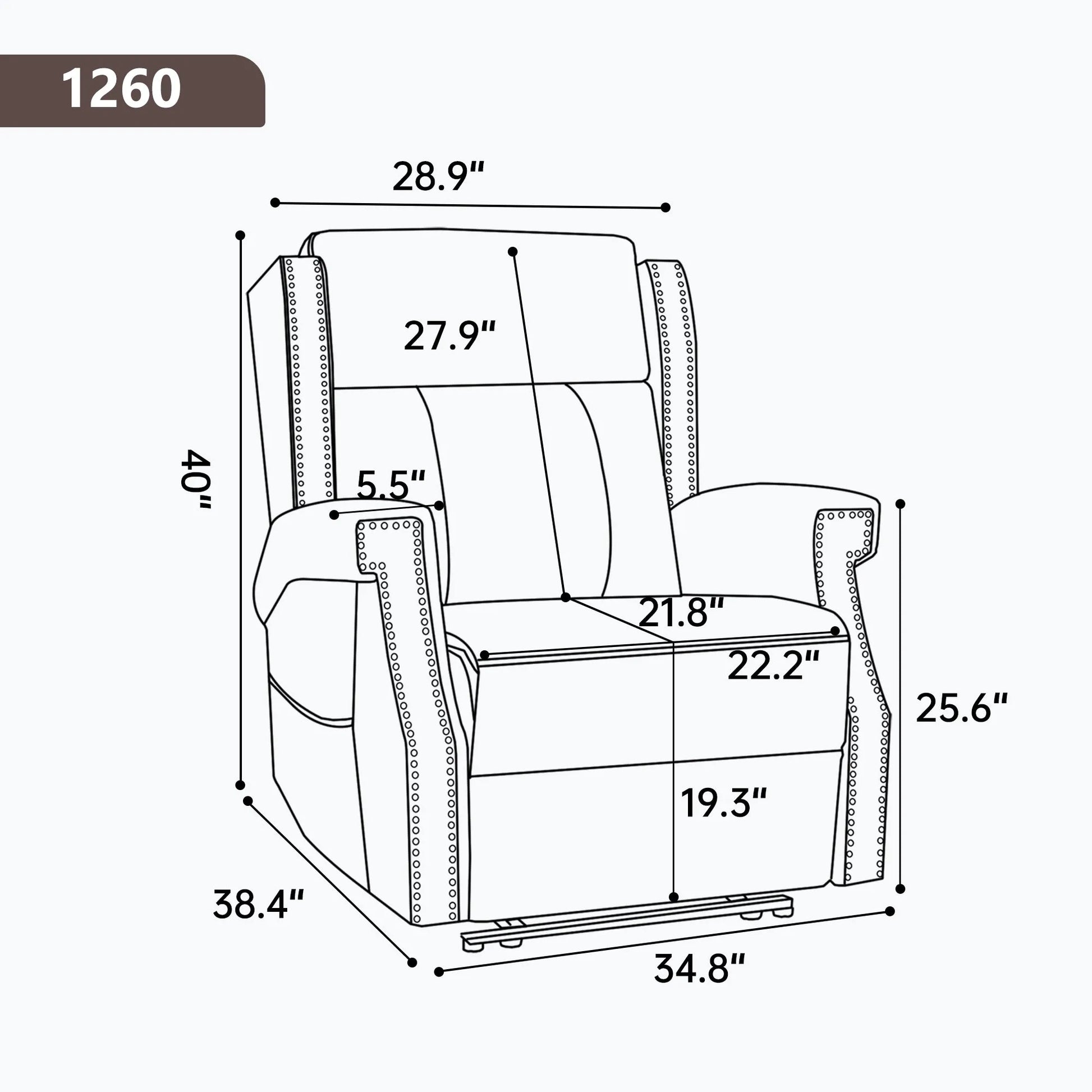 Dimensions of a recliner chair with measurements in inches.