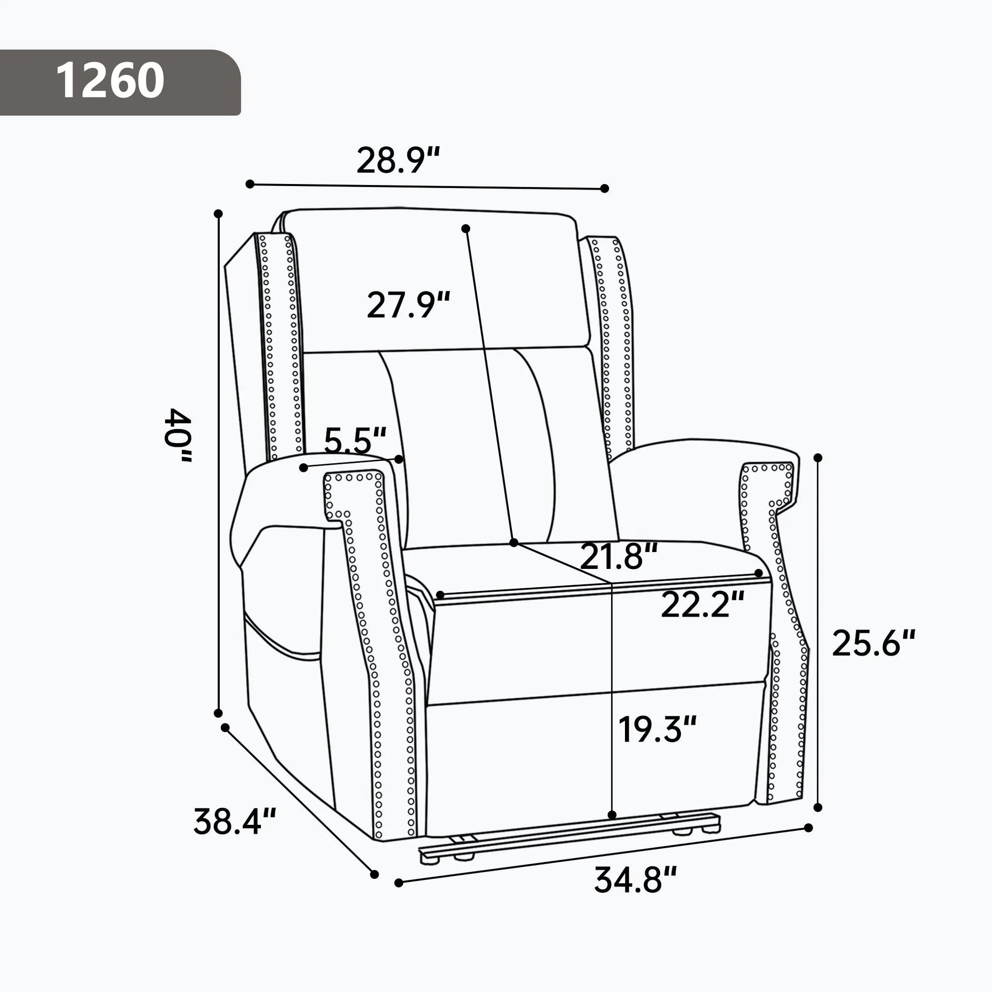 Illustration of a recliner chair with dimensions labeled