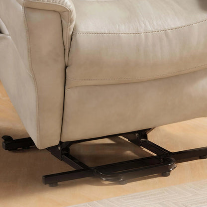 Cream color recliner chair with black metal frame on a carpeted floor