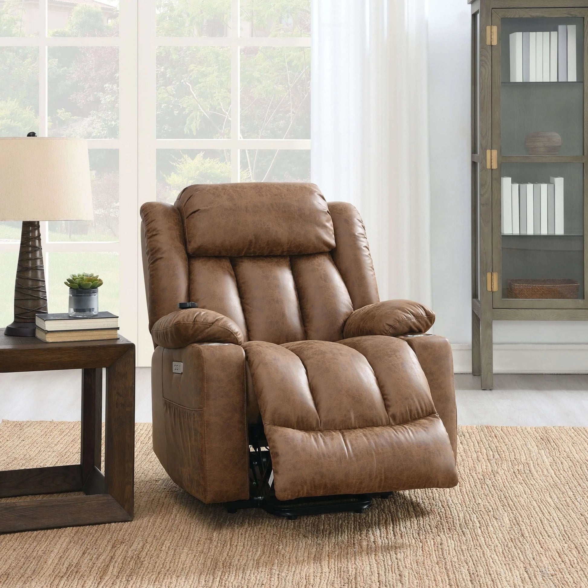 Brown recliner chair in a living room setting with a side table and lamp.