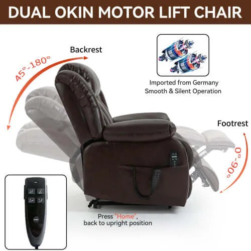 Brown Dual Okin Motor Lift Chair with features highlighted on a white background