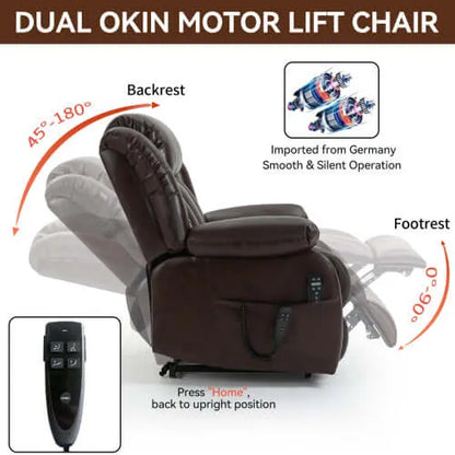 Brown Dual Okin Motor Lift Chair with features highlighted on a white background