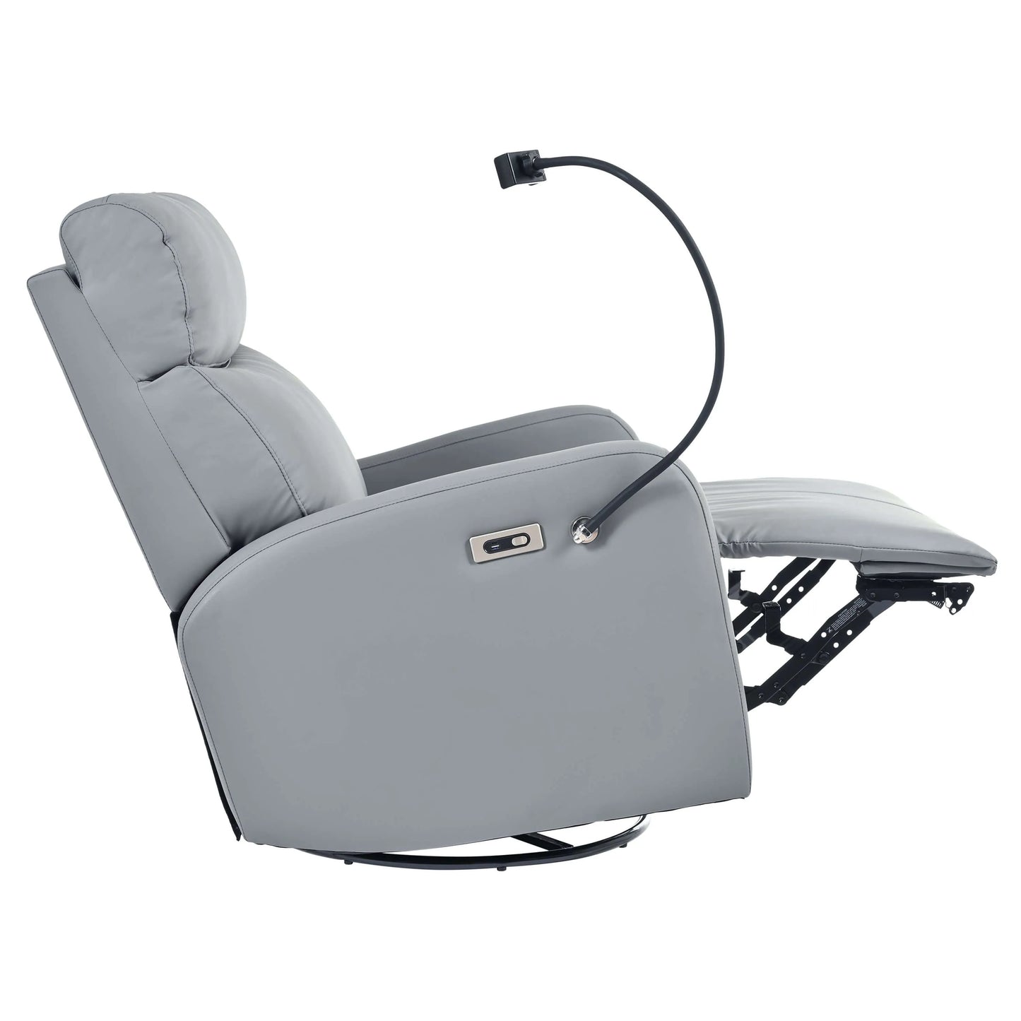 Side view of a gray recliner chair with armrest and phone holder in a partically reclined position on a white background