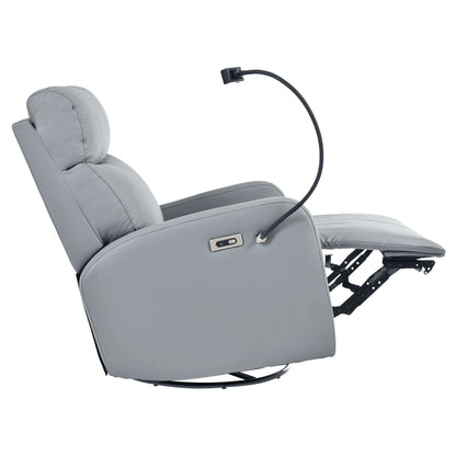 Side view of a gray recliner chair with armrest and phone holder in a partically reclined position on a white background