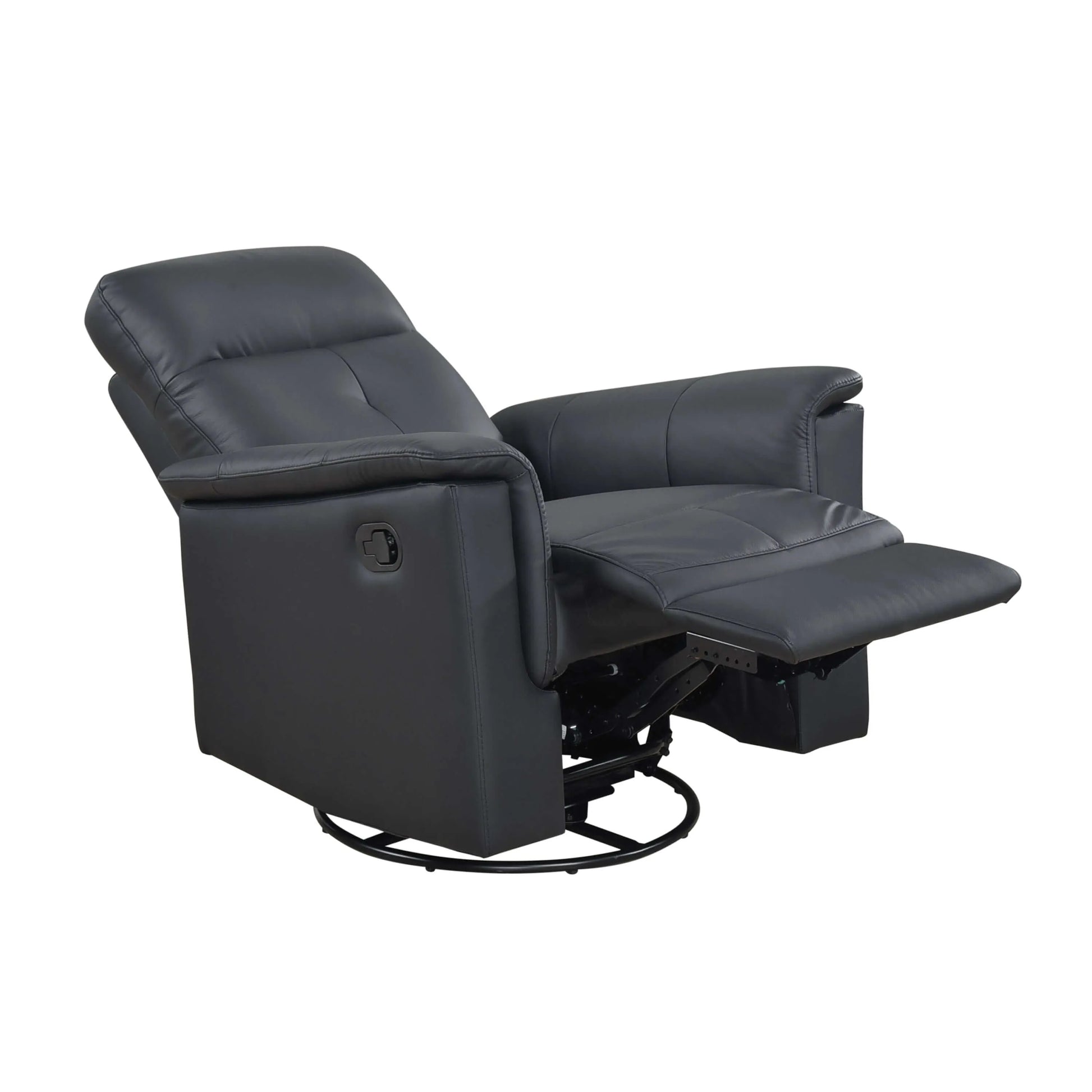 Black recliner chair fully extended with a manual pull handle and black base on a white background