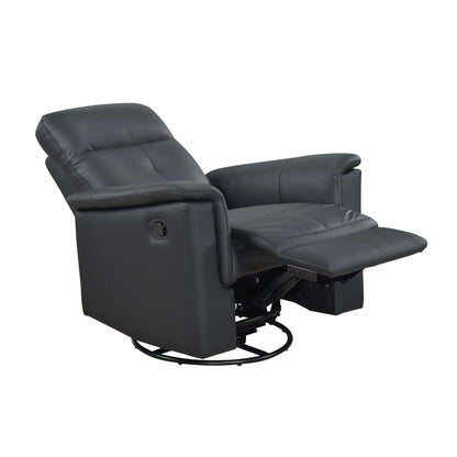 Black recliner chair fully extended with a manual pull handle and black base on a white background
