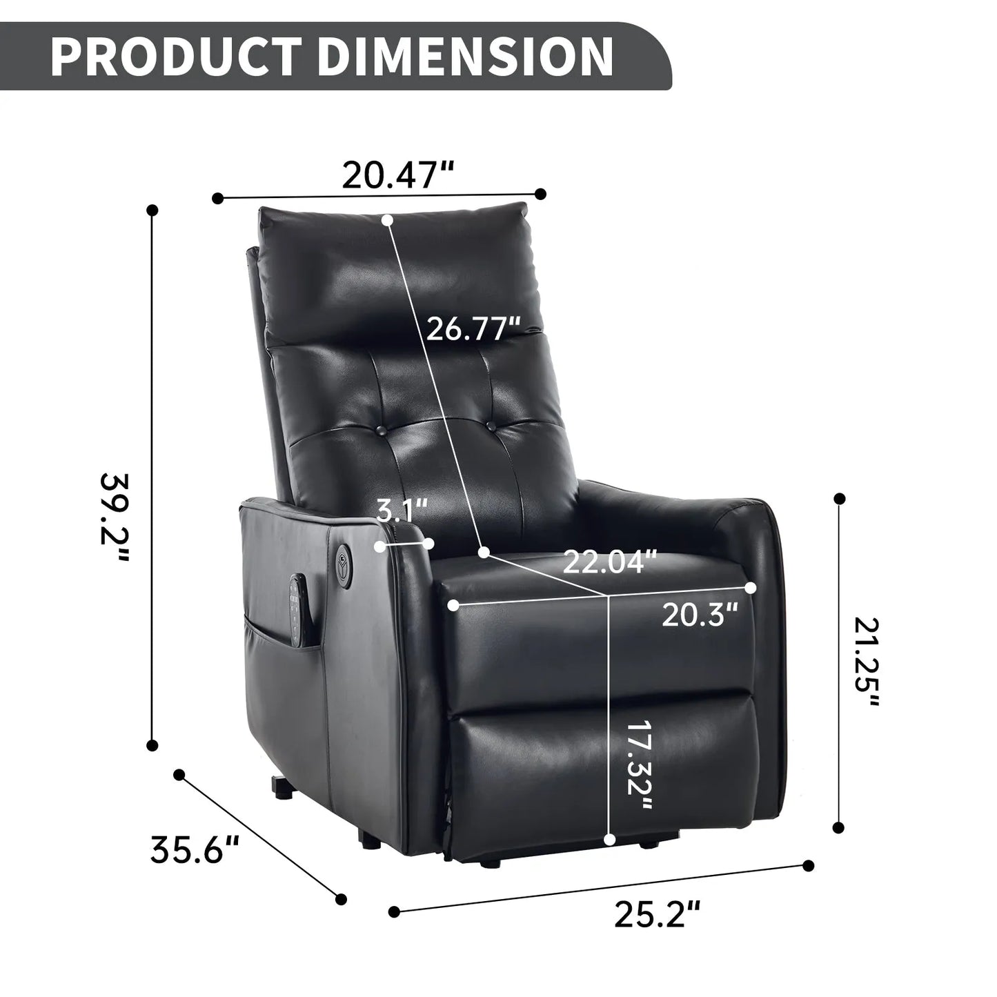 Black recliner chair with dimensions labeled on a white background
