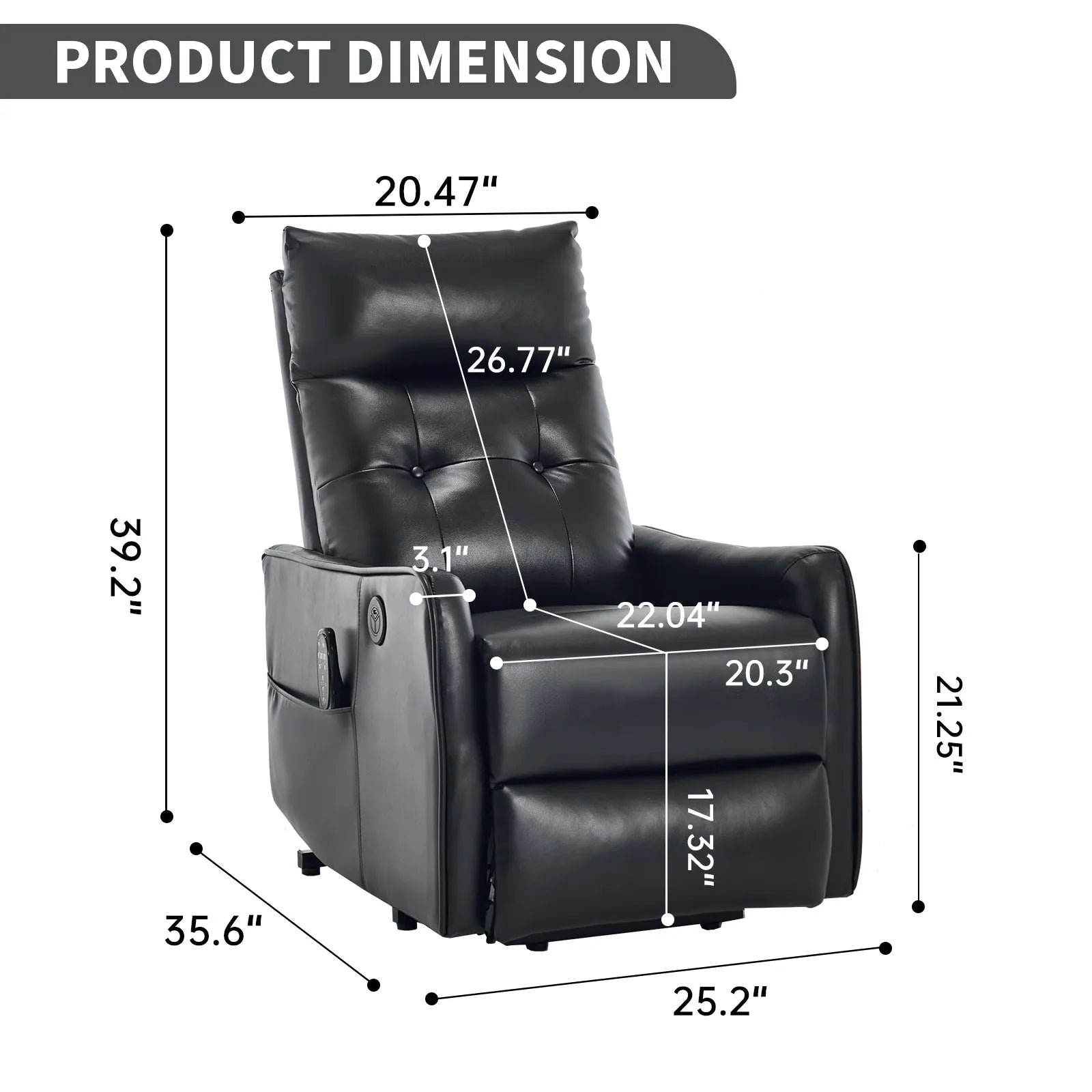 Black recliner chair with dimensions labeled on a white background