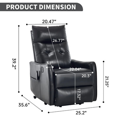 Black recliner chair with dimensions labeled on a white background