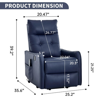 Navy blue recliner chair with dimensions labeled on a white background