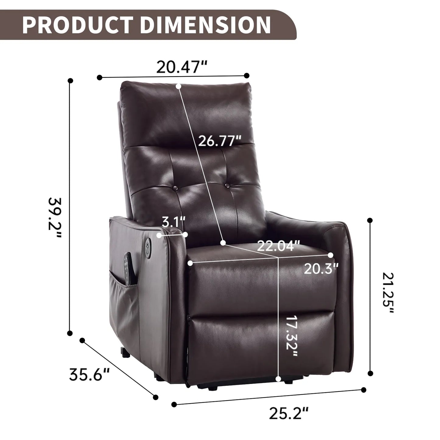 Brown leather recliner chair with dimensions labeled on a white background