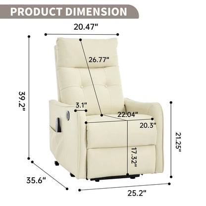 Beige recliner chair with dimensions labeled on a white background