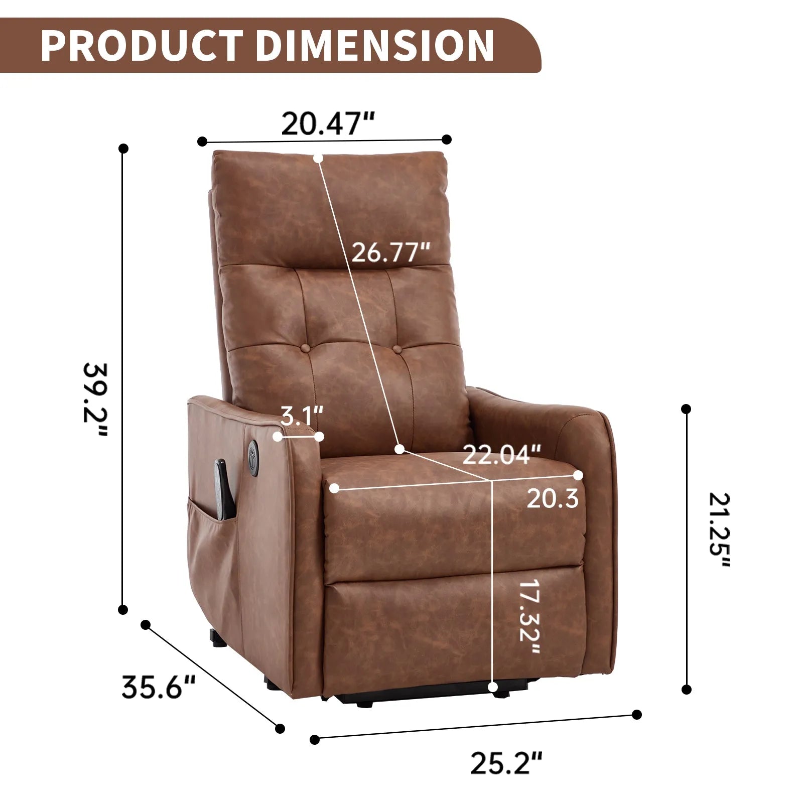 Brown recliner chair with dimensions labeled on a white background