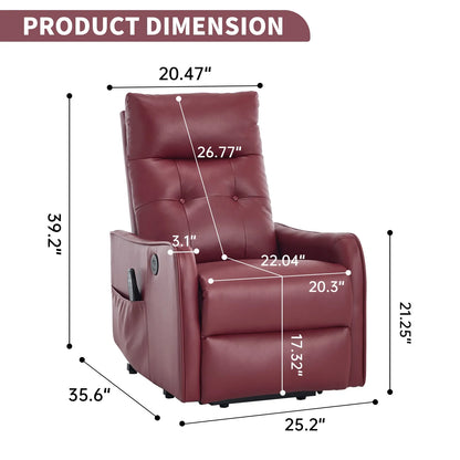 Red recliner chair with dimensions labeled on a white background