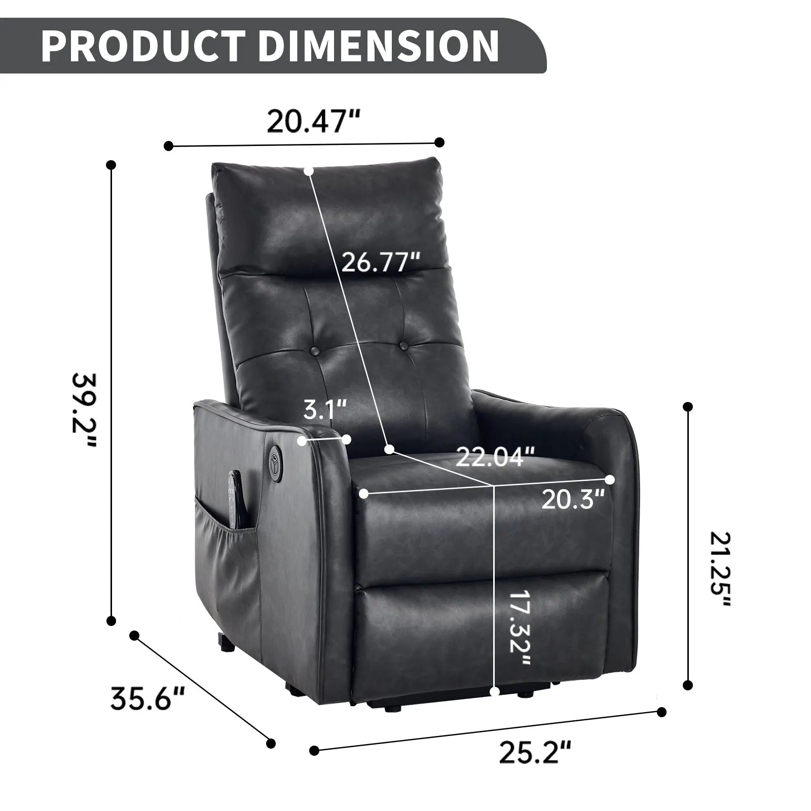 Black recliner chair with dimensions labeled on a white background