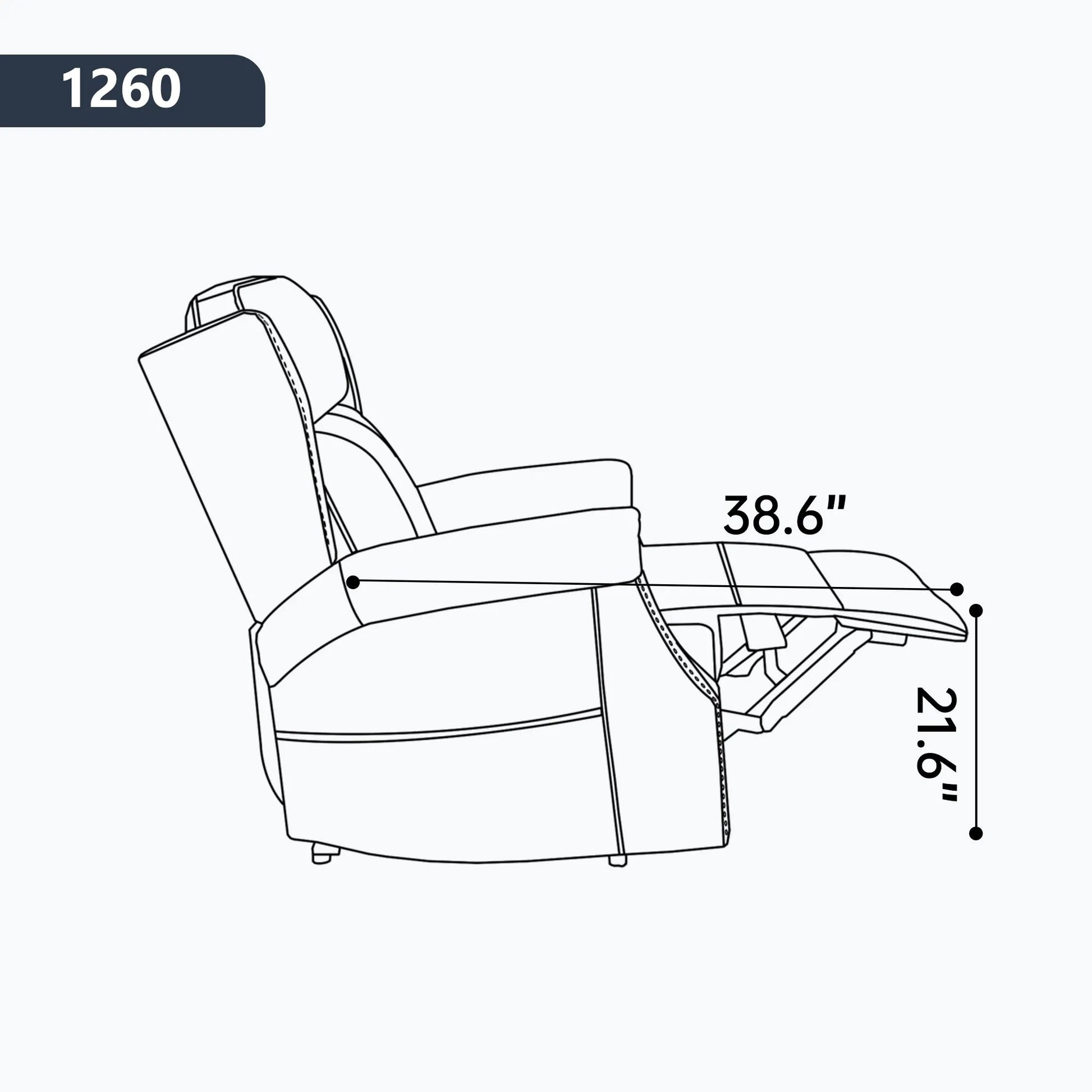 Line drawing of a recliner chair with dimensions labeled on a white background