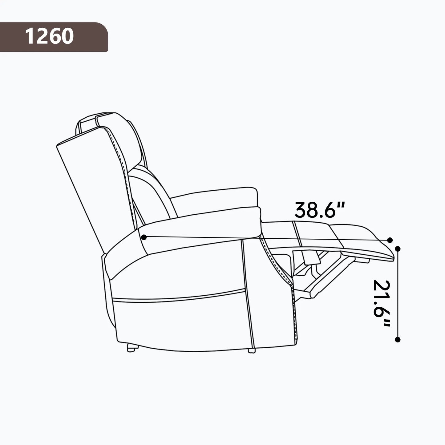 Line drawing of a recliner chair with dimensions labeled on a white background