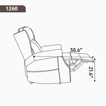 Line drawing of a recliner chair with dimensions labeled on a white background