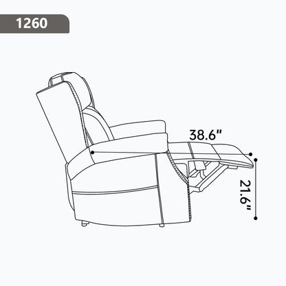 Line drawing of a recliner chair with dimensions labeled on a white background