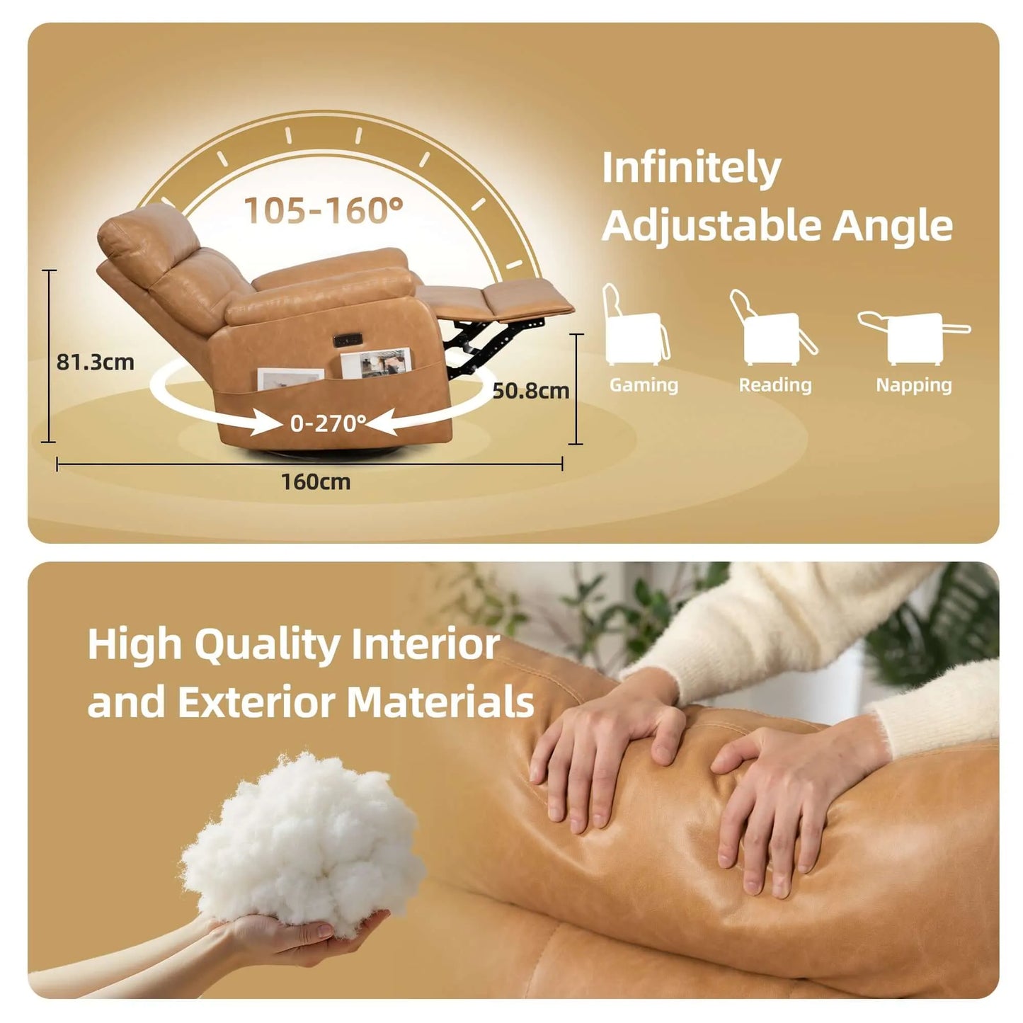 Recliner chair with adjustable angle features and high-quality materials shown.