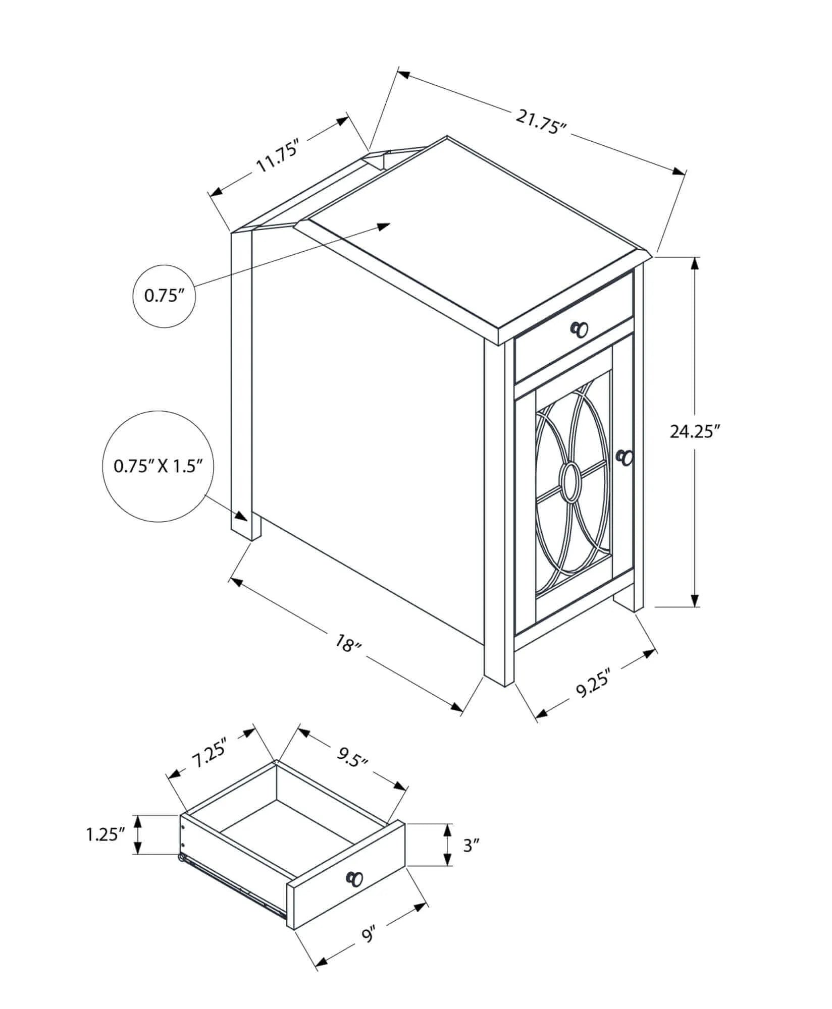 Technical drawing of an end table with dimensions labeled