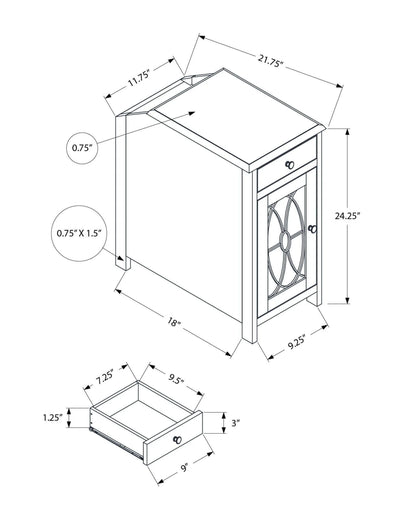 Technical drawing of an end table with dimensions labeled
