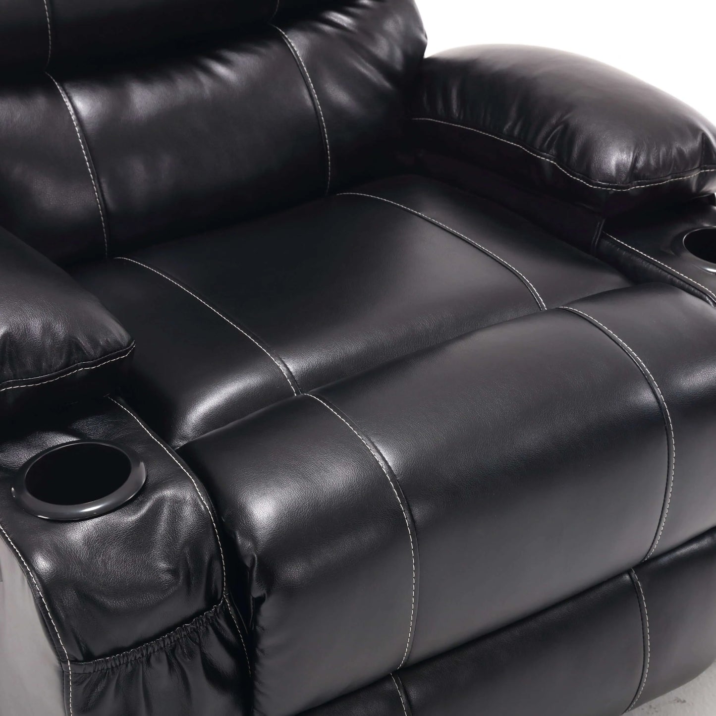 Close-up of a black faux leather power lift recliner chair with cup holders showing stitch design on a white background
