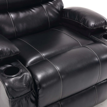 Close-up of a black faux leather power lift recliner chair with cup holders showing stitch design on a white background