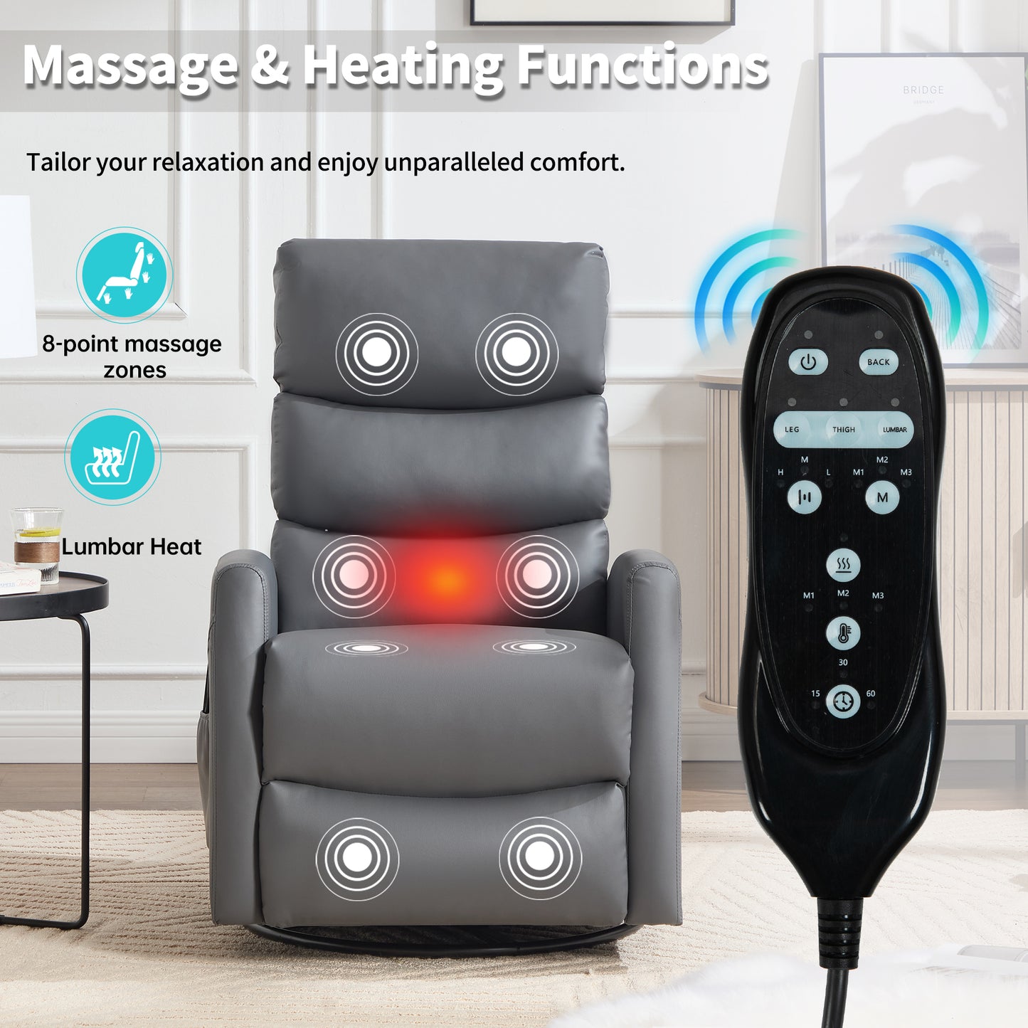 Massage chair with 8-point massage zones and lumbar heat, accompanied by a remote control.