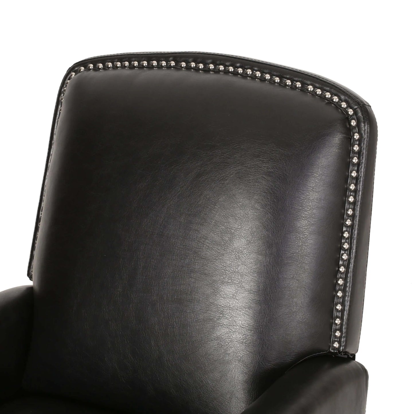 Black leather recliner chair back cushion with studded detailing on a white background