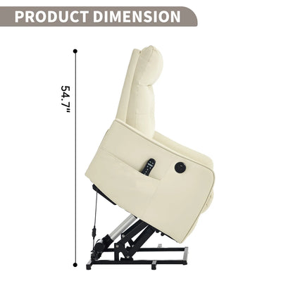 Beige recliner lift chair with dimensions indicated on a white background