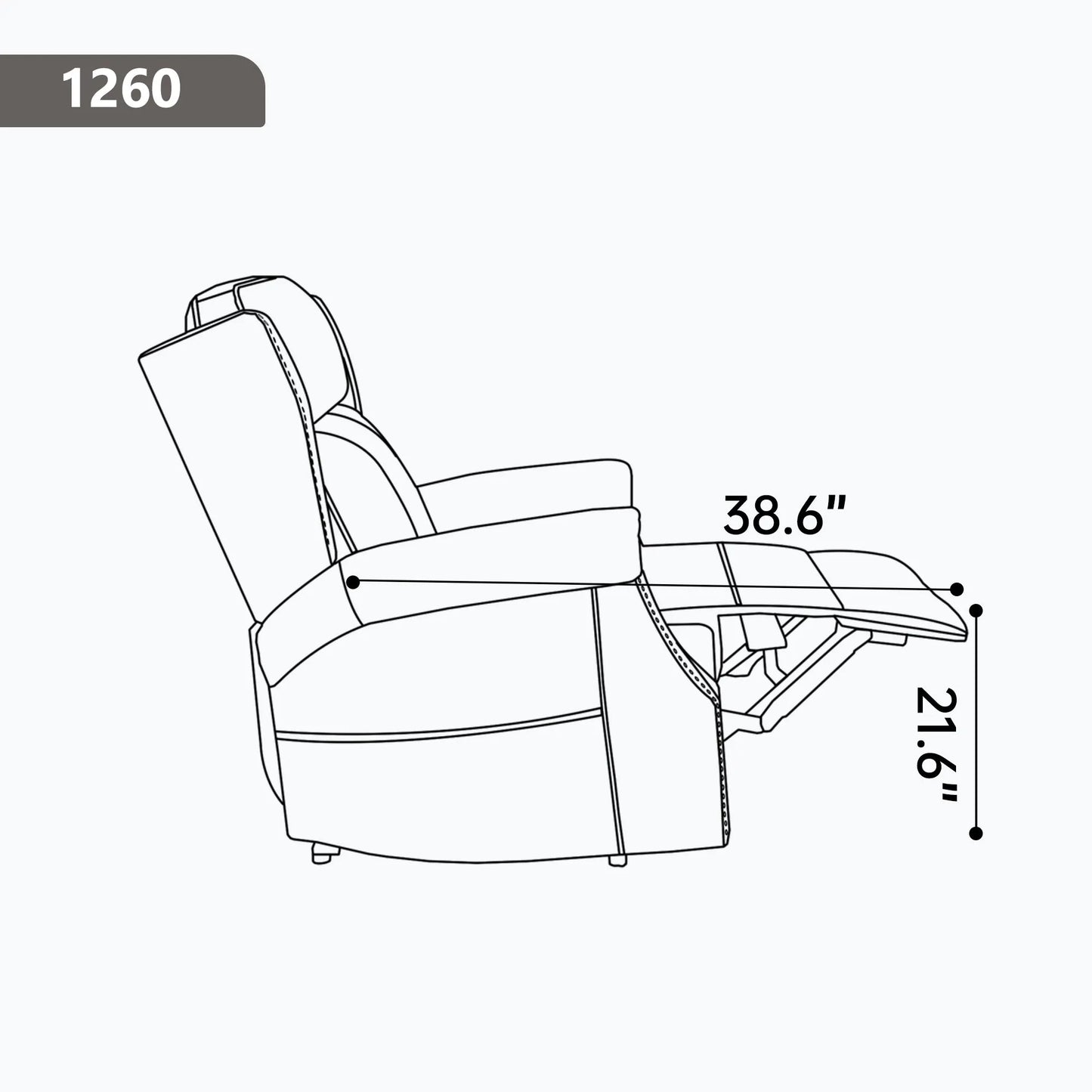 Line drawing of a recliner chair with dimensions labeled on a white background