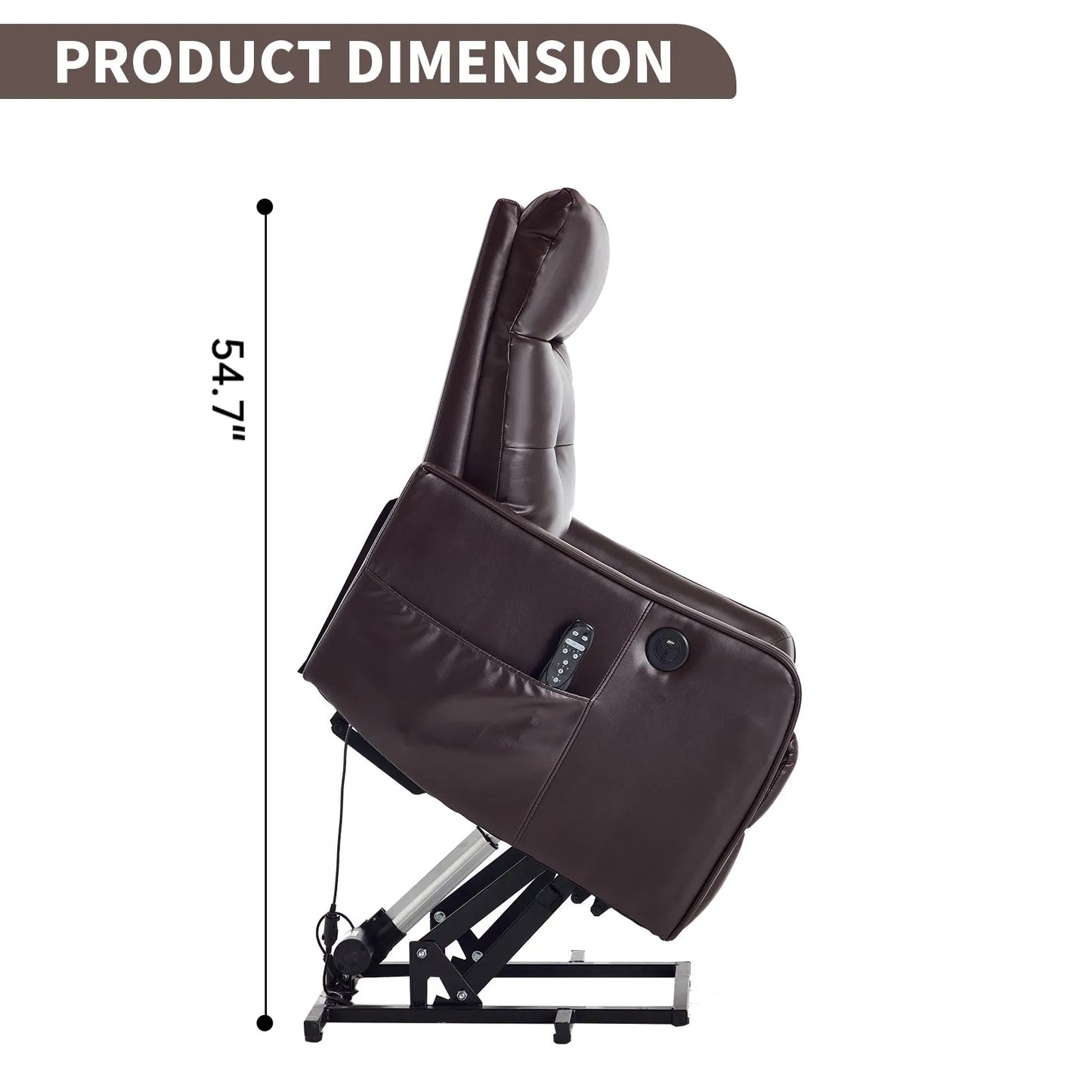 Brown massage lift chair with dimensions indicated on a white background