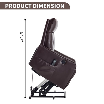 Brown massage lift chair with dimensions indicated on a white background