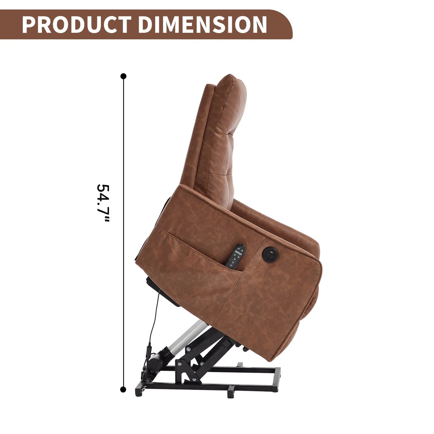 Brown recliner lift chair with dimensions indicated on a white background