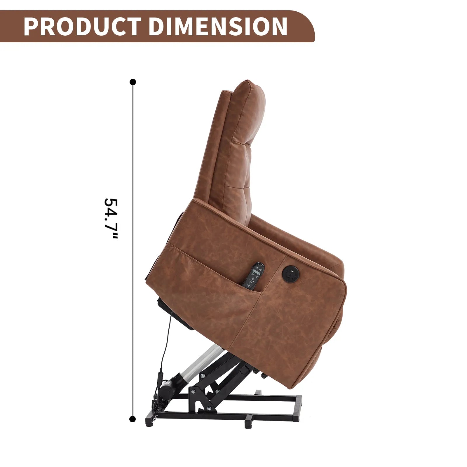 Brown recliner lift chair with dimensions indicated on a white background