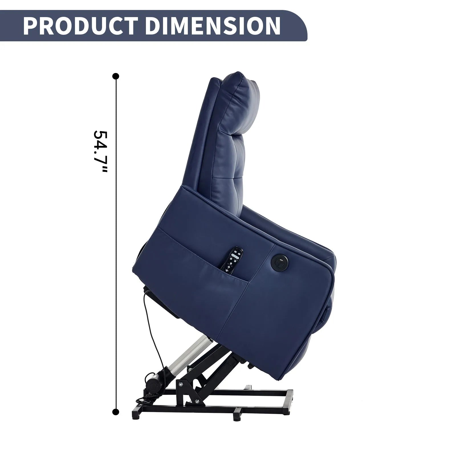 Blue massage lift chair with dimensions indicated on a white background