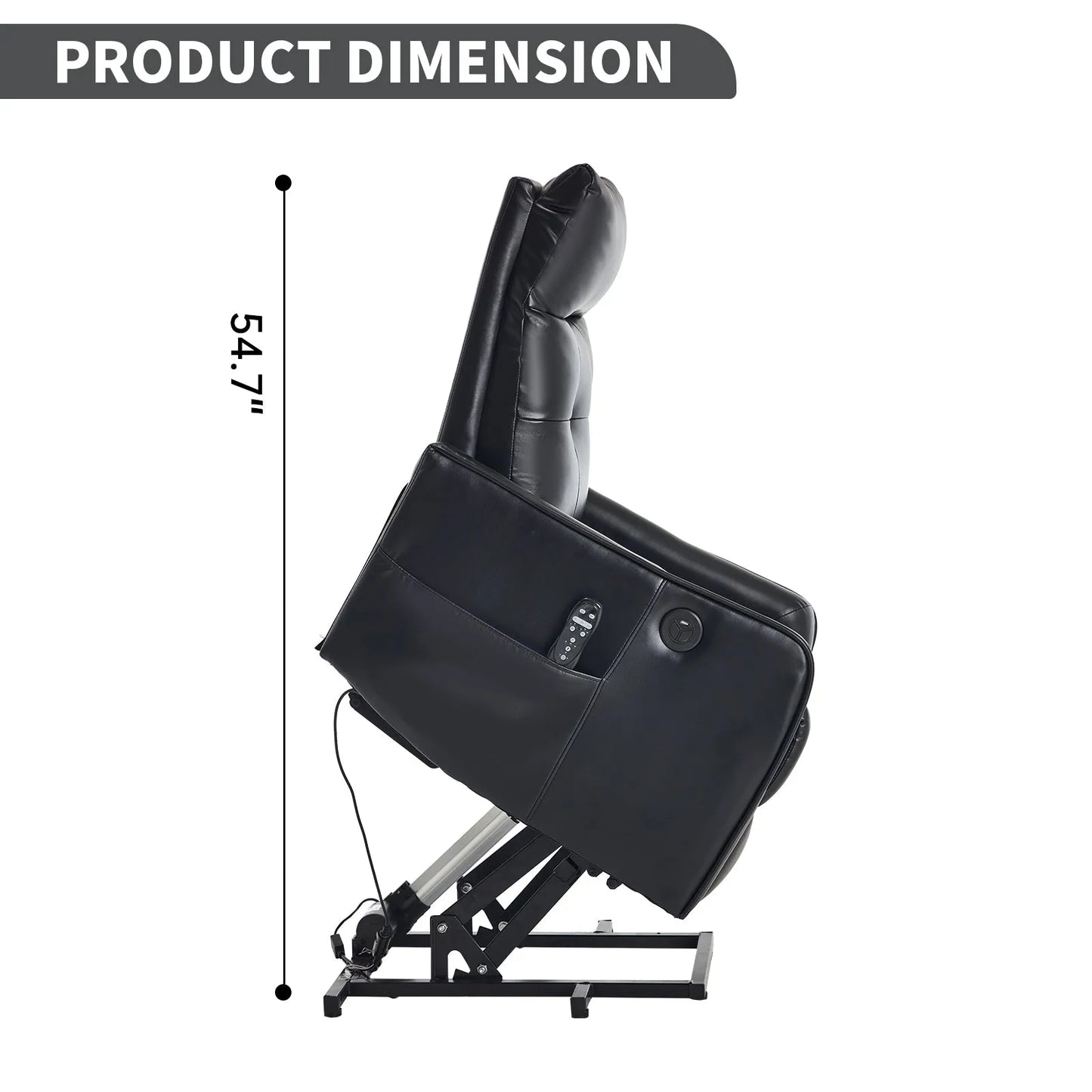 Black massage lift chair with dimensions indicated on a white background
