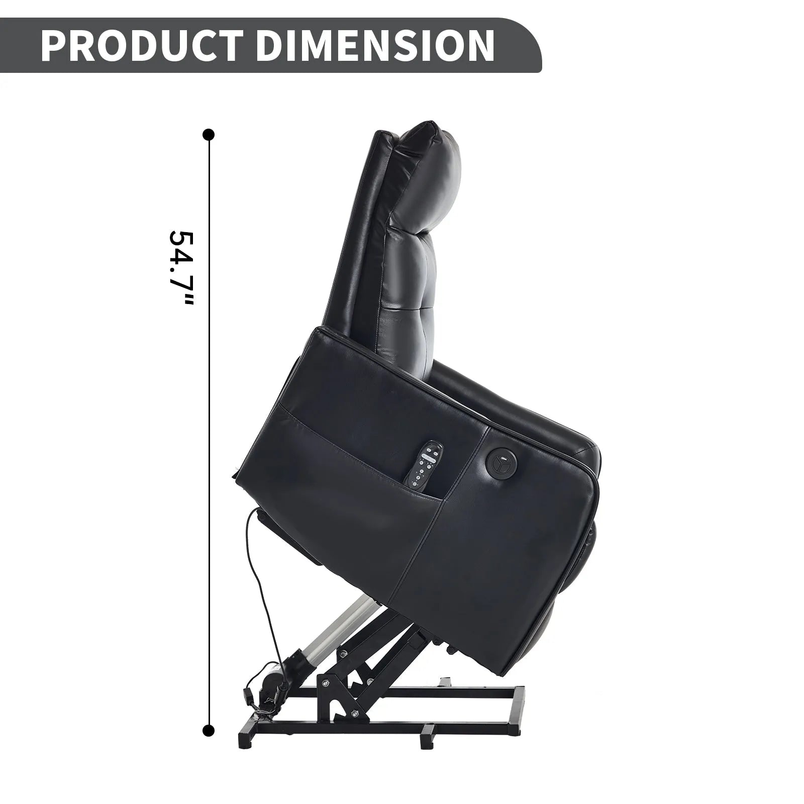 Black massage lift chair with dimensions indicated on a white background