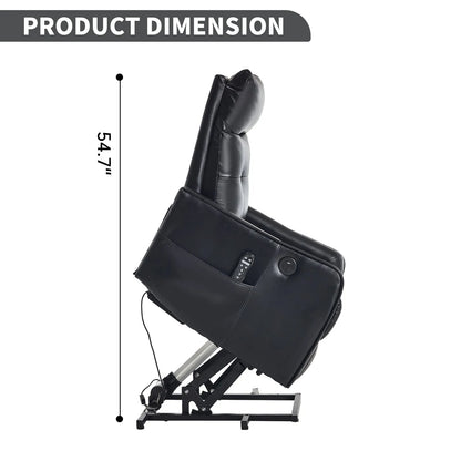 Black massage lift chair with dimensions indicated on a white background