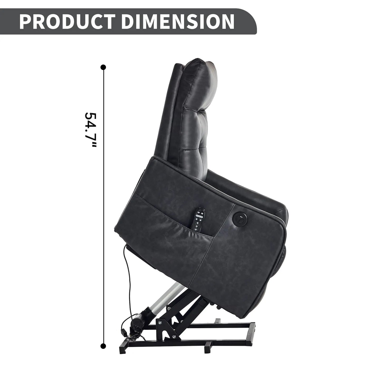 Black massage lift chair with dimensions indicated on a white background