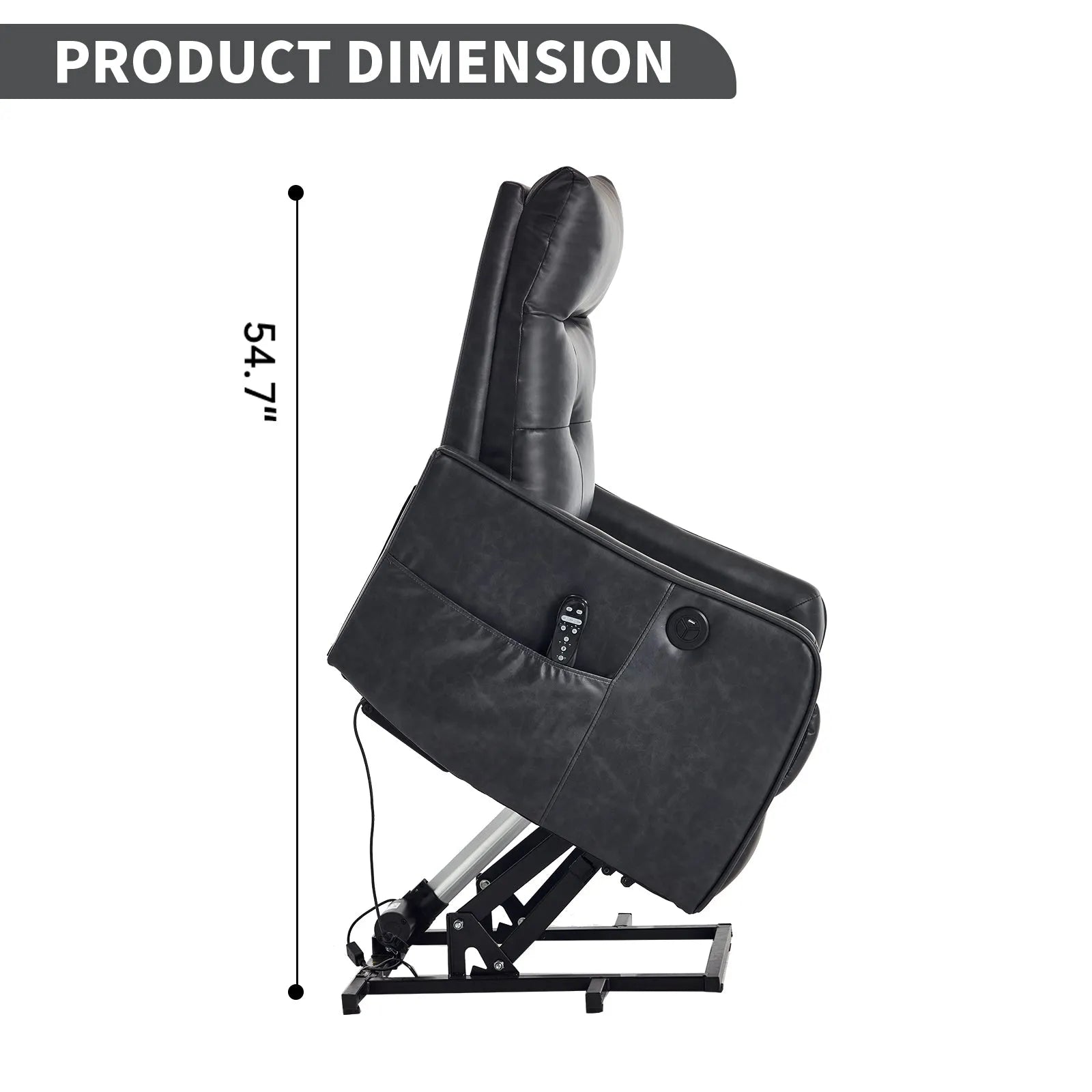 Black massage lift chair with dimensions indicated on a white background