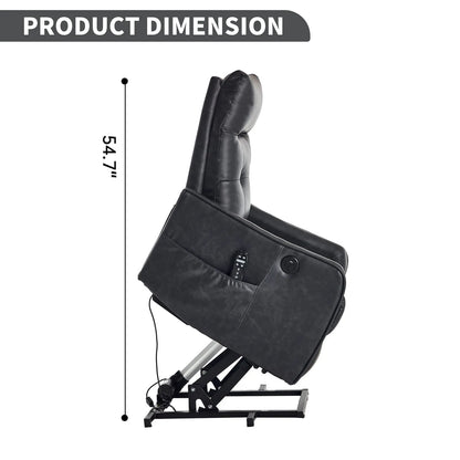 Black massage lift chair with dimensions indicated on a white background