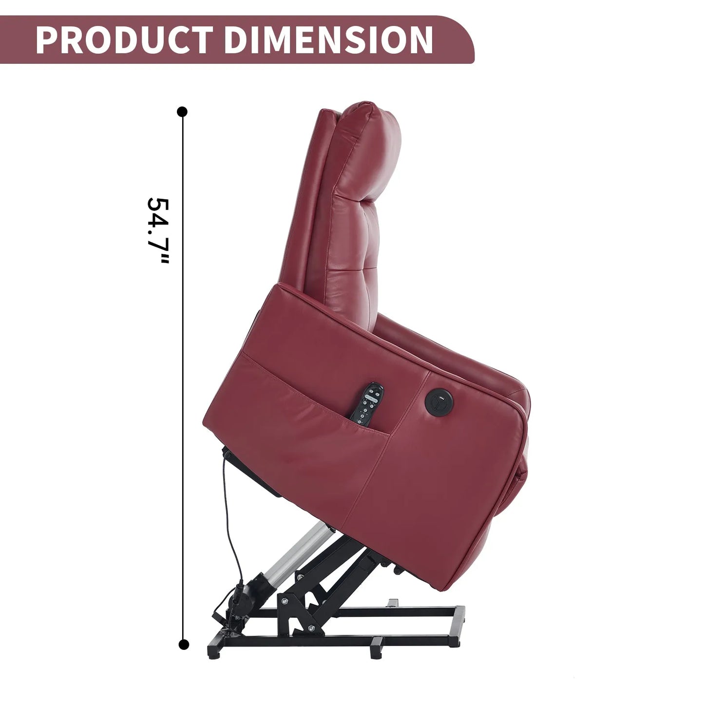 Red lift recliner chair with dimensions indicated on a white background